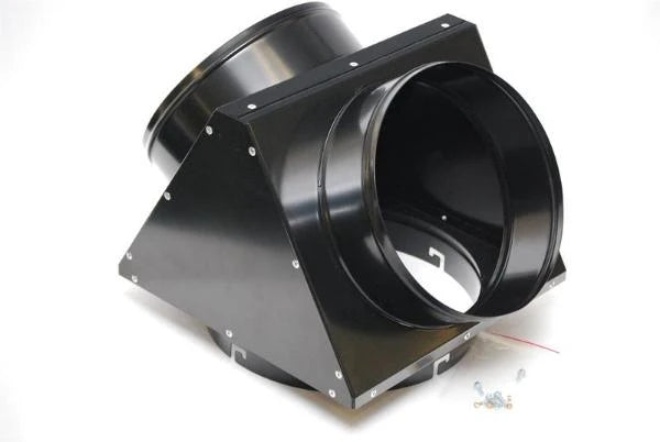 Black metal dual duct connector on a white background