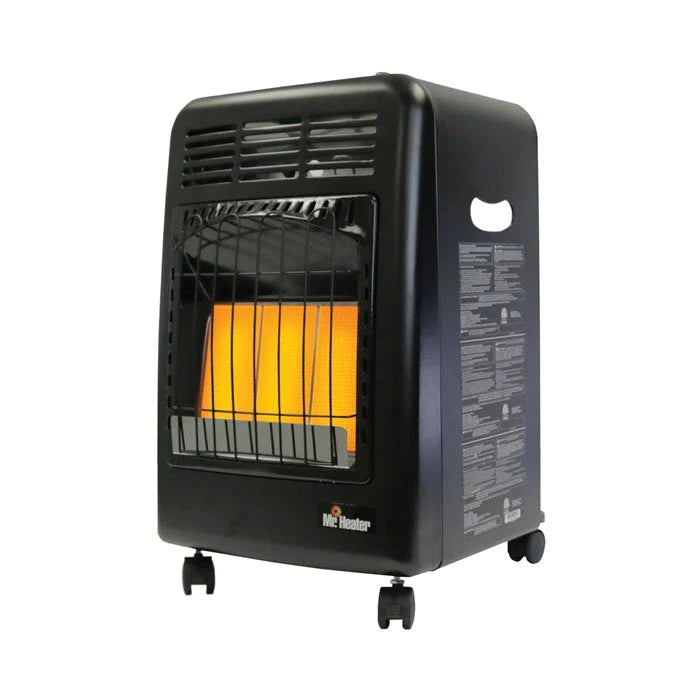 Black portable heater with glowing orange interior on a white background