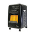 Black portable heater with glowing orange interior on a white background