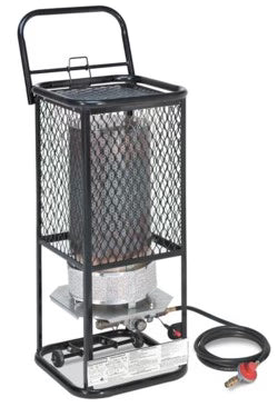 A black metal propane heater with a mesh safety cage, top handle, and attached black gas hose on a white background.