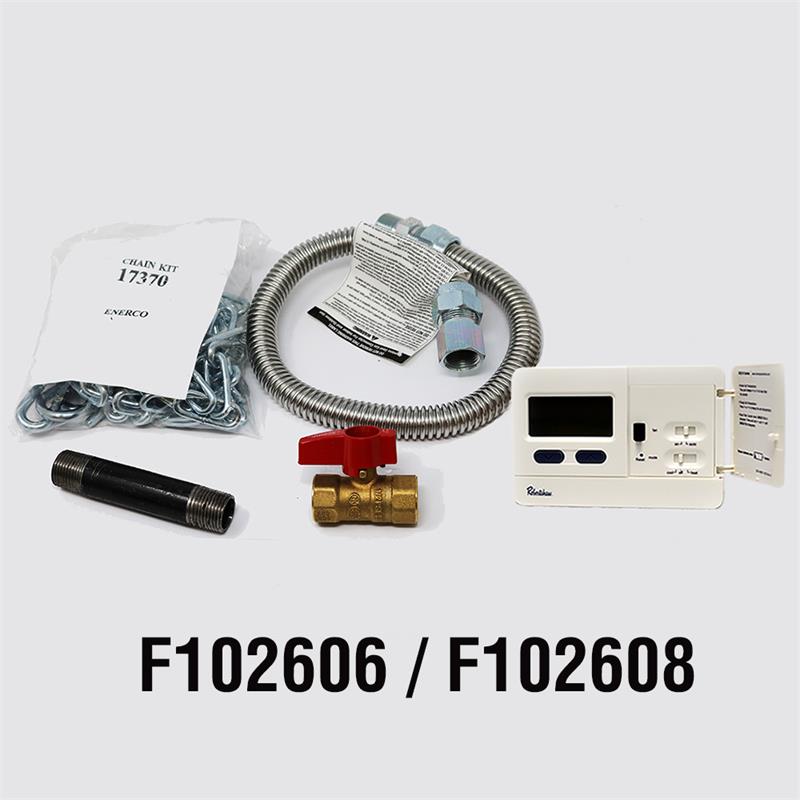 An installation kit for a heating system, including a thermostat, pipes, valves, and other components laid out on a white background.