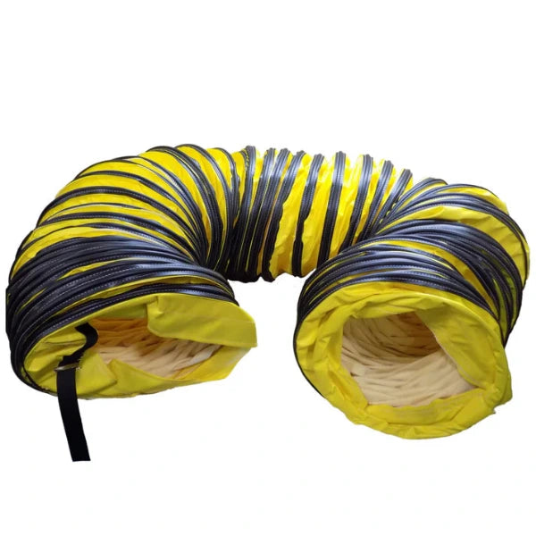 Yellow and black flexible 16" hose on a white background