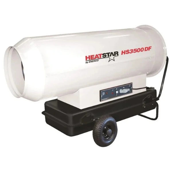 A HeatStar HS3500 DF portable electric heater by Enerco, featuring a white cylindrical body, a black wheeled base, and a control panel on the front.