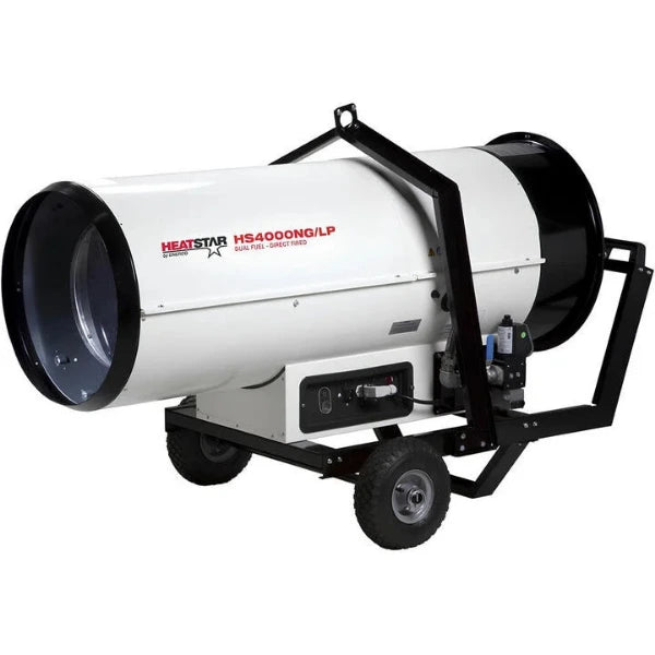A Heatstar brand 40,000 cubic foot oil burner heater with a white cylindrical body, black wheels, and a black metal support frame, shown on a solid white background.