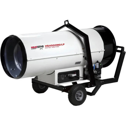 A Heatstar brand 40,000 cubic foot oil burner heater with a white cylindrical body, black wheels, and a black metal support frame, shown on a solid white background.