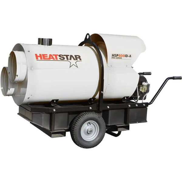 A HeatStar HSP5000ID-A portable propane heater on a wheeled chassis with a black handle, photographed on a solid white background.