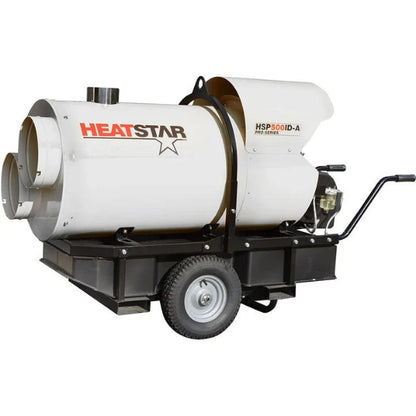 A HeatStar HSP5000ID-A portable propane heater on a wheeled chassis with a black handle, photographed on a solid white background.