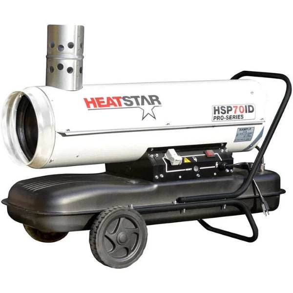 A Heatstar HSP70ID Pro-Series forced air heater with a white cylindrical combustion chamber, a black wheeled base, a silver metal chimney stack, and a black metal frame and handle, shown on a white background.
